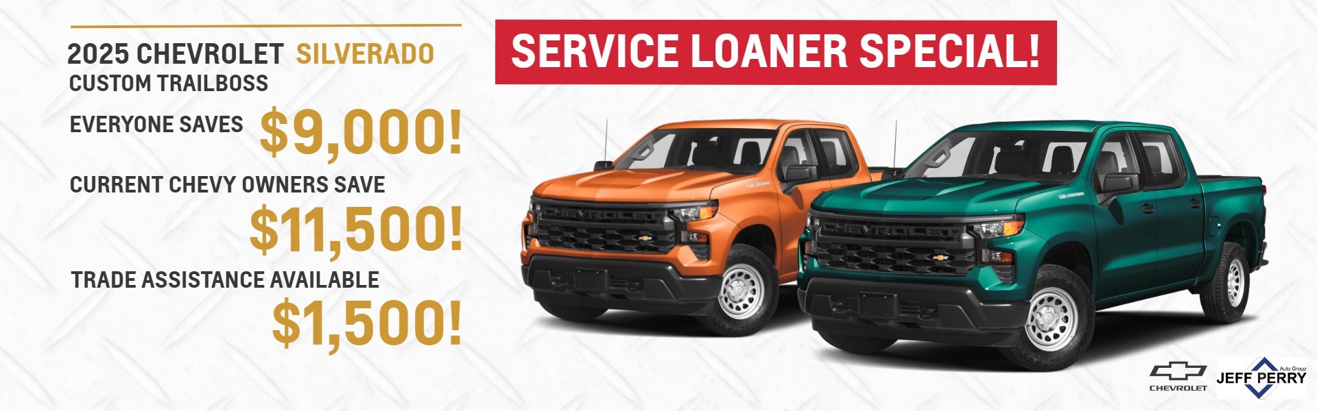 Blue and orange silverado on white tire background 